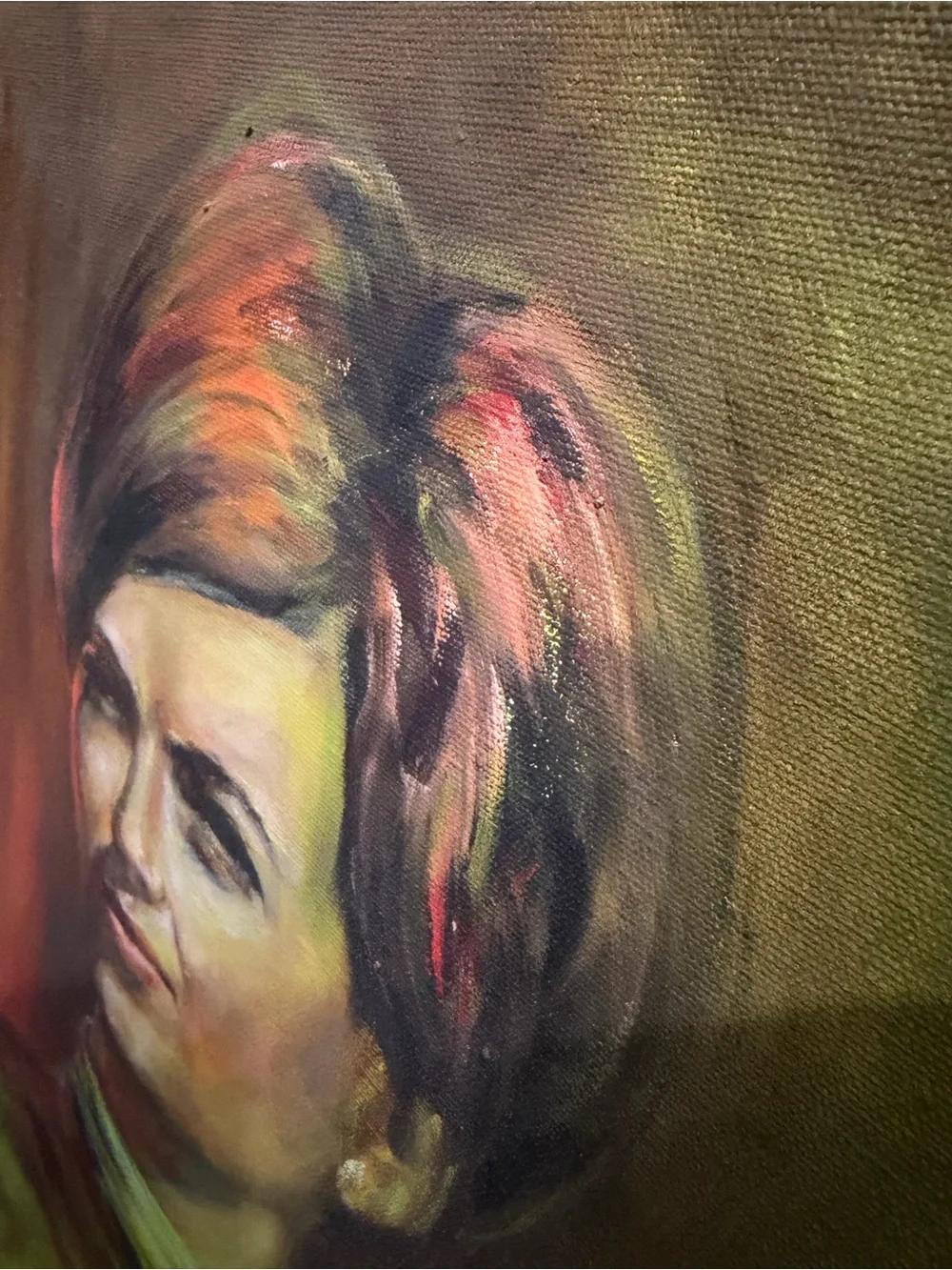 Mid century Oil Painting of a Woman in Green Turtleneck, 1960-70, 39 1/2